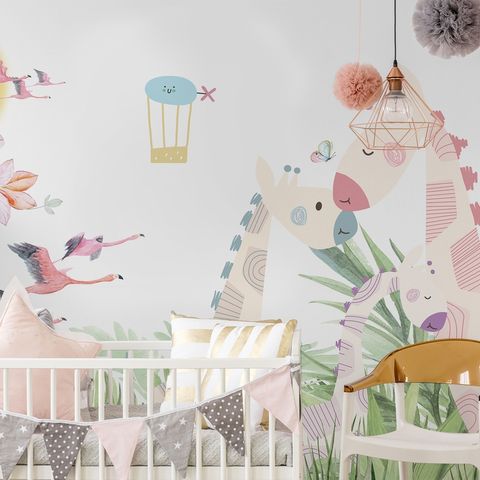 Nursery Tropical Landscape with Cute Girrafes Wallpaper Mural
