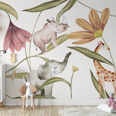 Fototapete Tropische Tiere im Kinderzimmer mit Blumen