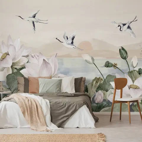 White Lotus Floral and Crane Birds Wallpaper Mural