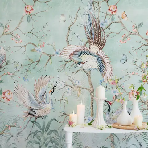 Chinoiserie Peony Blossom with Chinese Birds Wallpaper Mural