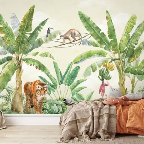 Watercolor Safari Animals in the Rainforest Wallpaper Mural for Kids