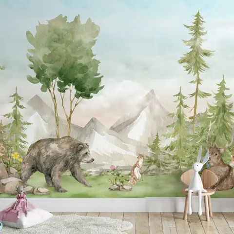 Kids Watercolor Coniferous Forest with Animals Wallpaper Mural