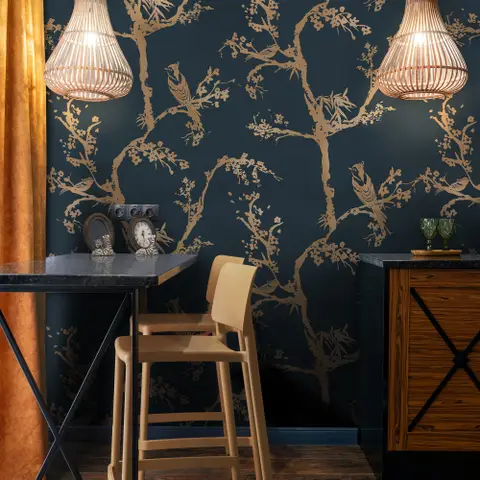 Gold Faux Tree Blossom Branch Silhouette with Birds Wallpaper Mural