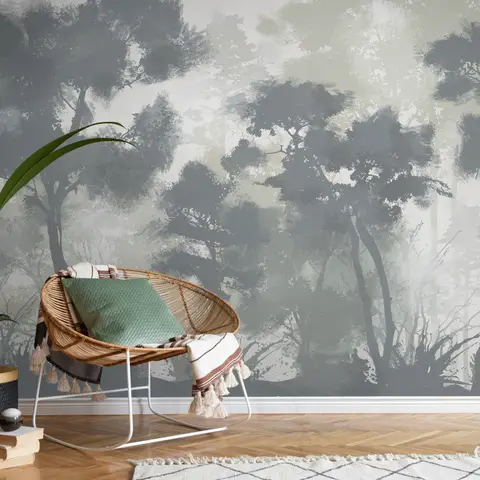 Monochrome Forest Silhouette Landscape Wallpaper Mural