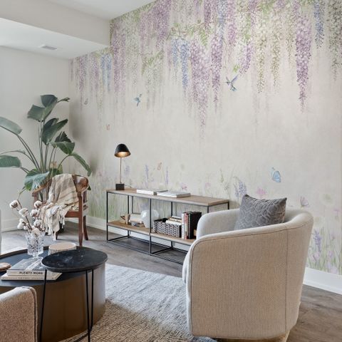 Watercolor Hanging Wisteria Flowers with Hummingbirds Wallpaper Mural 