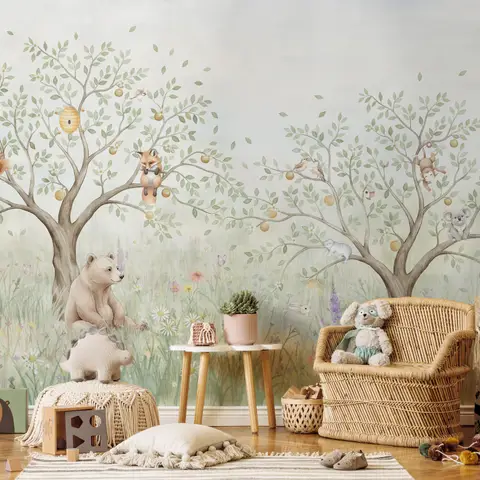 Kids Soft Pastel Forest Animals Wallpaper Mural