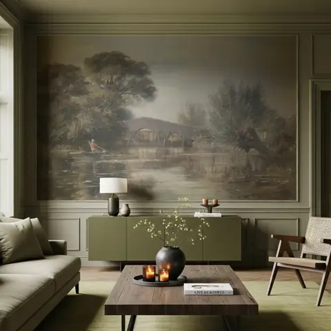 Rustic Riverside Landscape Wallpaper Mural