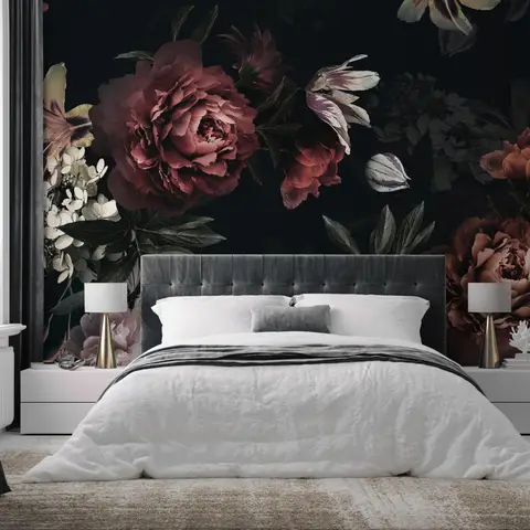 Realistic Dark Peony Floral Bouquet Wallpaper Mural