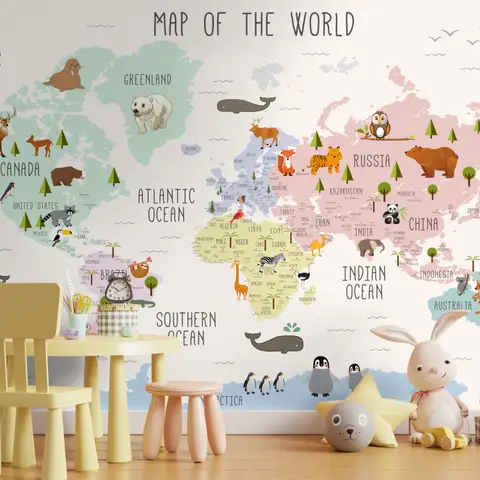 Kids Nursery Educational Continent World Map Wallpaper Mural