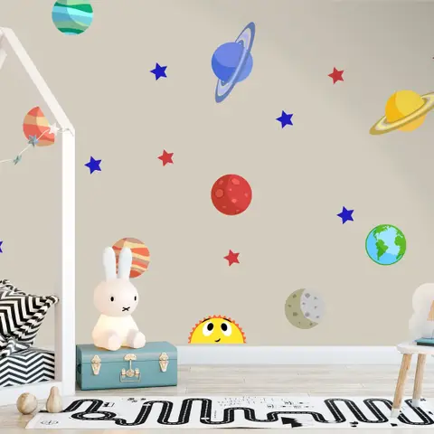 Colorful Planets and Happy Sun with Stars Wall Decal Sticker
