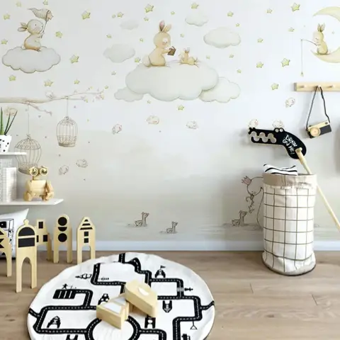 Rabbits on the Clouds and Empty Cages Wallpaper Mural