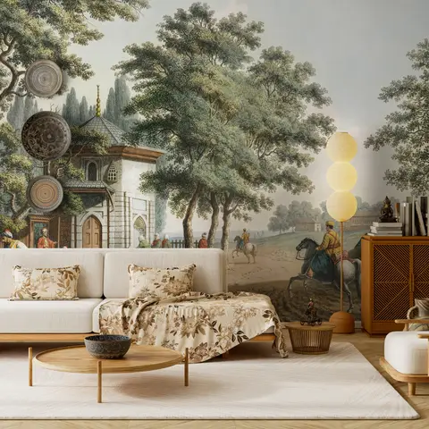 Papier peint panoramique, paysage rural vintage avec villageois