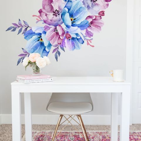 Watercolor Pink Blue Gardenia Floral Bouqets Wall Decal Sticker