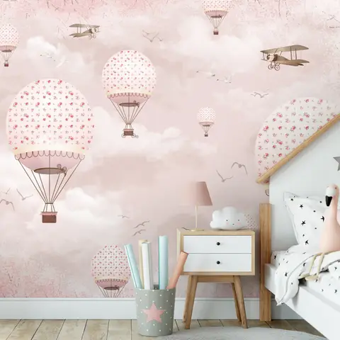 Kids Girls Pink Sky of Hot Air Balloon and Aircraft Wallpaper Mural