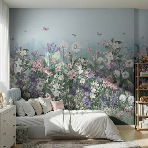 Soft Blooming Floral Meadow  Kids Wallpaper