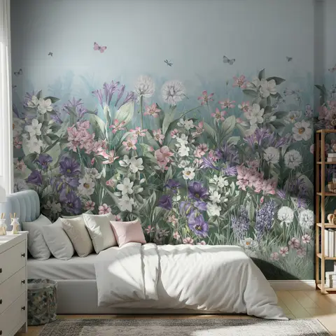 Soft Blooming Floral Meadow  Kids Wallpaper