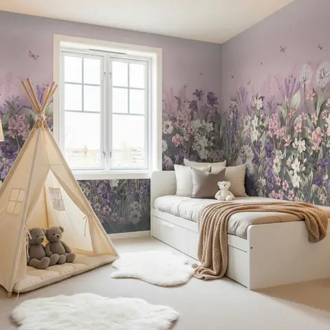 Soft Blooming Floral Meadow  Kids Wallpaper