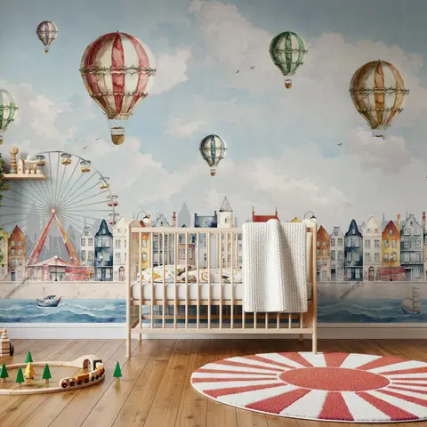 Kids Harbor Village and Hot Air Balloons Wallpaper Mural