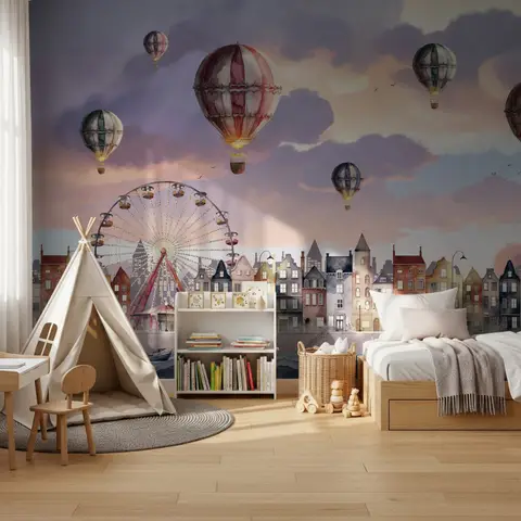 Kids Harbor Village and Hot Air Balloons Wallpaper Mural