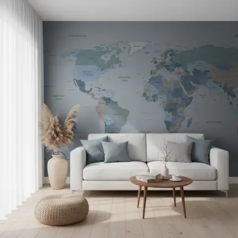 Weltkarte auf Deutsch - Politische Weltkarte Fototapete in sanften Farben