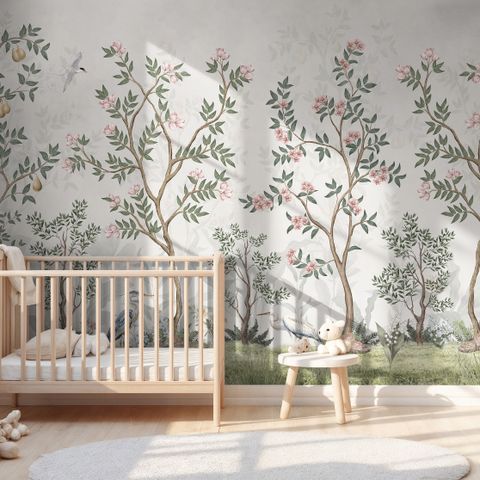 Chinoiserie Garden Trees And Birds Landscape Wallpaper Mural