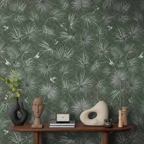 Tropical Palm Leaf and Birds Wallpaper Mural