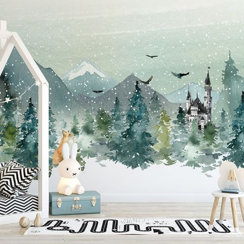 Watercolor Winter Landscape and Fox Wallpaper Mural