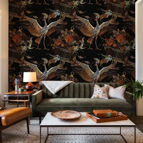 Crane Birds and Flowers with Golden Cage Wallpaper Mural