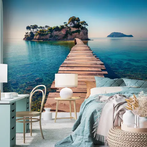 Realistic Sea Landscape with Wood Bridge Wallpaper Mural
