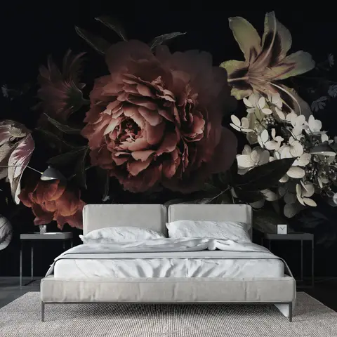 Dark Floral Bouquet with Red Peony and Lily Wallpaper Mural