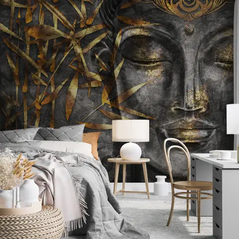 3D-Look Beton Buddha und Goldene Blätter Fototapete