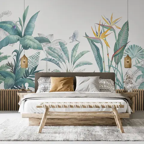 Papier peint feuille banane tropicale oiseau