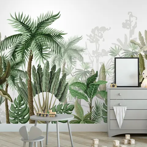 Tropical Cartoon Palm Tree and Banana Leaves Wallpaper Mural