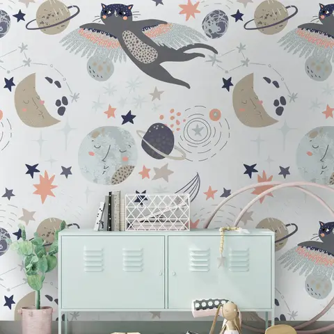 Cat Flying Over The Moon and Stars Wallpaper Mural
