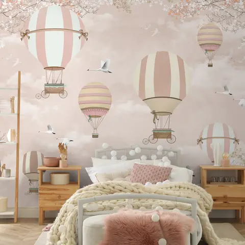 Kids Pink Hot Air Balloon and Cherry Blossom Wallpaper Mural