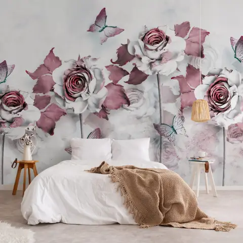 Papier peint panoramique floral avec petits papillons effet 3D