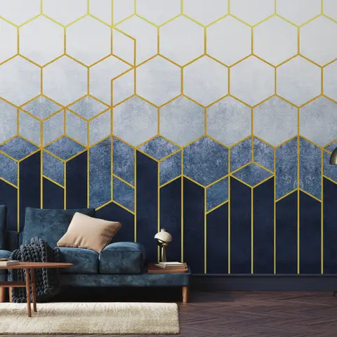 Geometric Dark Blue Honeycomb Wallpaper Mural