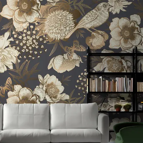 Peony Flowers with Bird Wallpaper Mural