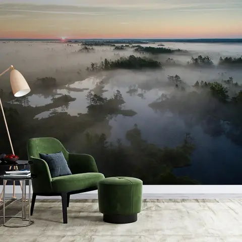 Foggy Rive Forest Landscape Wallpaper Mural