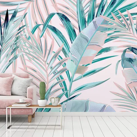 Tropical Pink Exotic Colorful Palm Leaf Wallpaper Mural