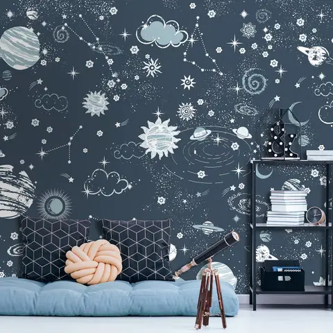 Dark Space Starry Sky with Blue Planets Wallpaper Mural