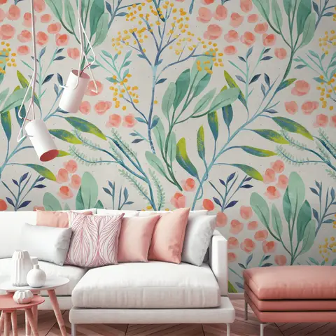 Watercolor Vintage Florals with Botanical Leaves Wallpaper Mural
