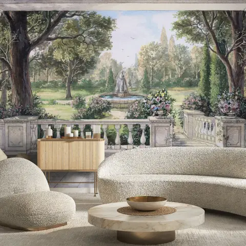 Soft Drawing Forest with Marble Fountain Wallpaper Mural