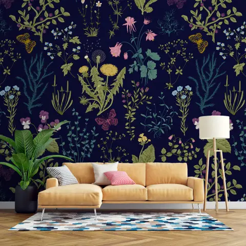 Little Herbs and Flowers on Dark Background Wallpaper Mural