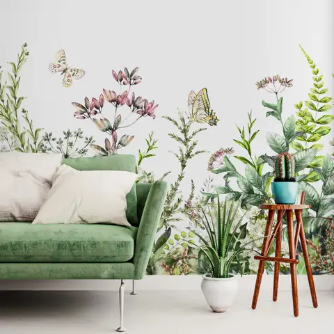 Wild Floral and Green Fresh Leaves Wallpaper Mural