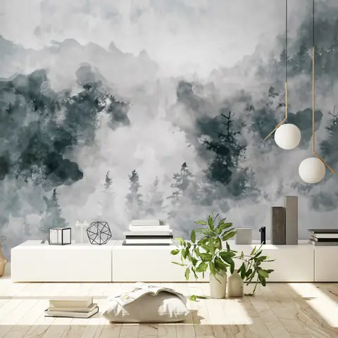 Watercolor Style Abstract Misty Dark Forest Wallpaper Mural