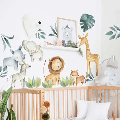 Kids Watercolor Safari Animals with Tropical Leaves Wall Decal Sticker