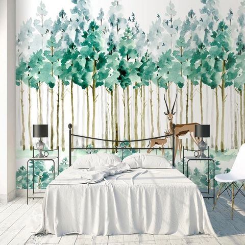 Watercolor Green Forest with Elk Wallpaper Mural