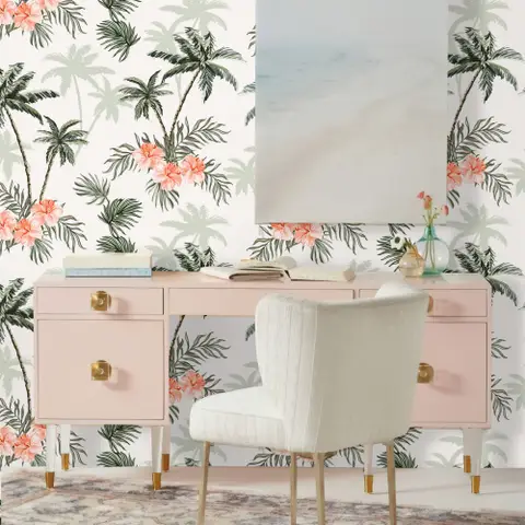 Tropical Palm Tree with Mirabilis Floral Pattern Wallpaper Mural