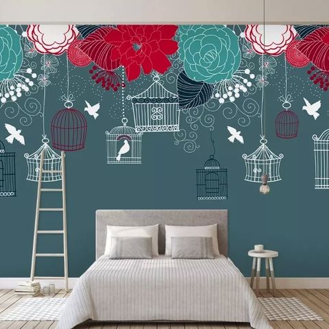 Cage Birds and Colorful Flowers Wallpaper Mural